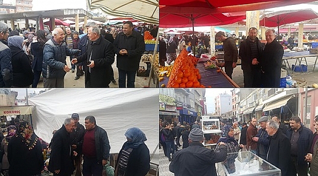 Ezine CHP Belediye Başkan adayı Halil BÜYÜKEROL pazar esnafını ziyaret etti
