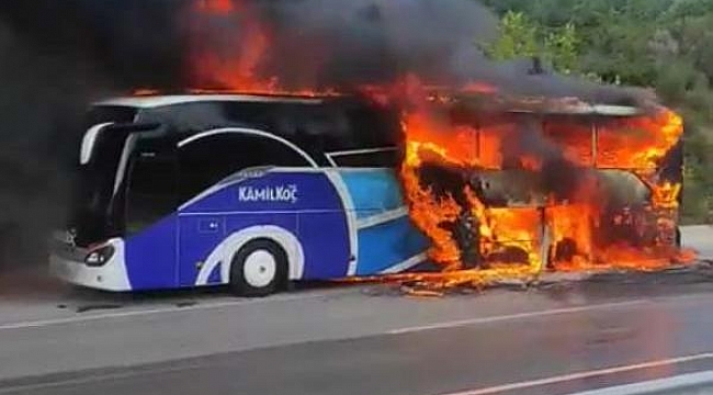 Motoru tutuşan yolcu otobüsü kül oldu, alevler ormana sıçradı