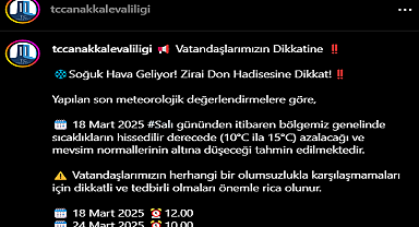 Çanakkale Valiliğinden, Soğuk Hava ve Zirai Don Uyarısı 