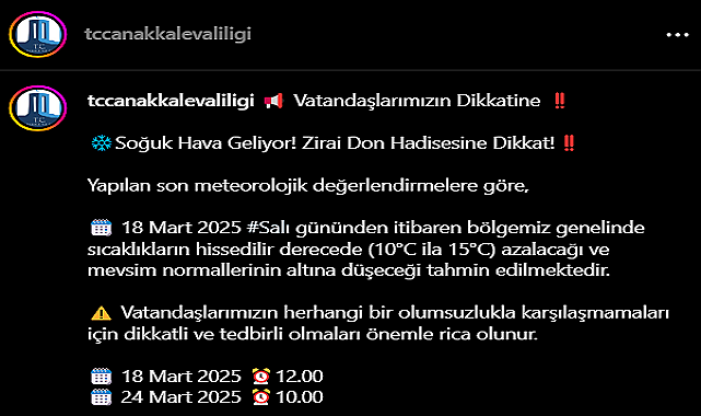 Çanakkale Valiliğinden, Soğuk Hava ve Zirai Don Uyarısı