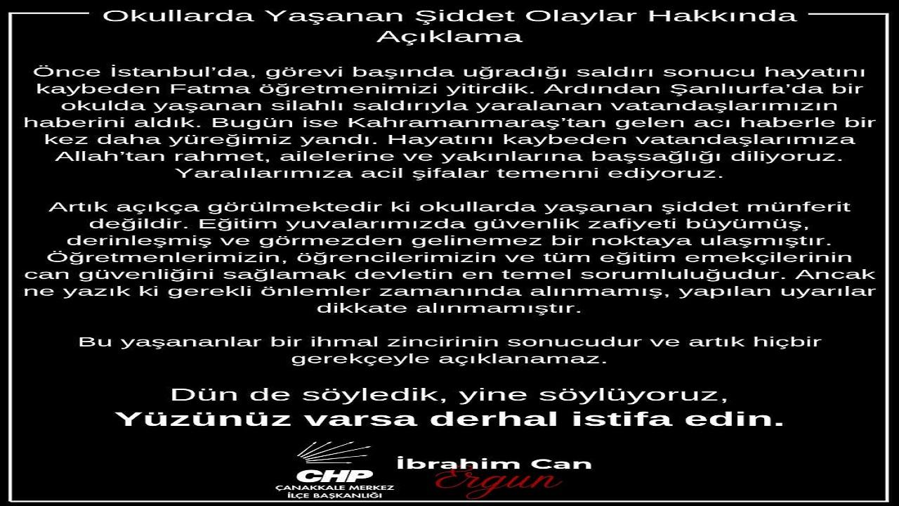 CHP Çanakkale Merkez İlçe Başkanı  Ergun’dan Okullardaki Şiddet Olaylarına Sert Tepki
